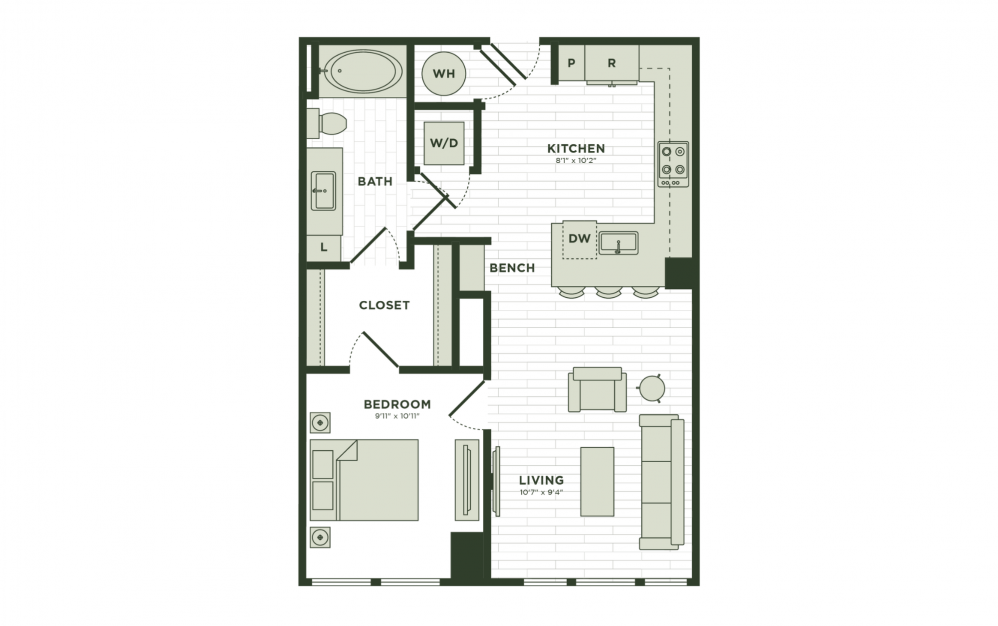 A8a2 - 1 bedroom floor plan layout with 1 bathroom and 752 square feet