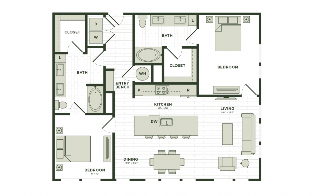 B4 - 2 bedroom floor plan layout with 2 bathrooms and 1267 square feet