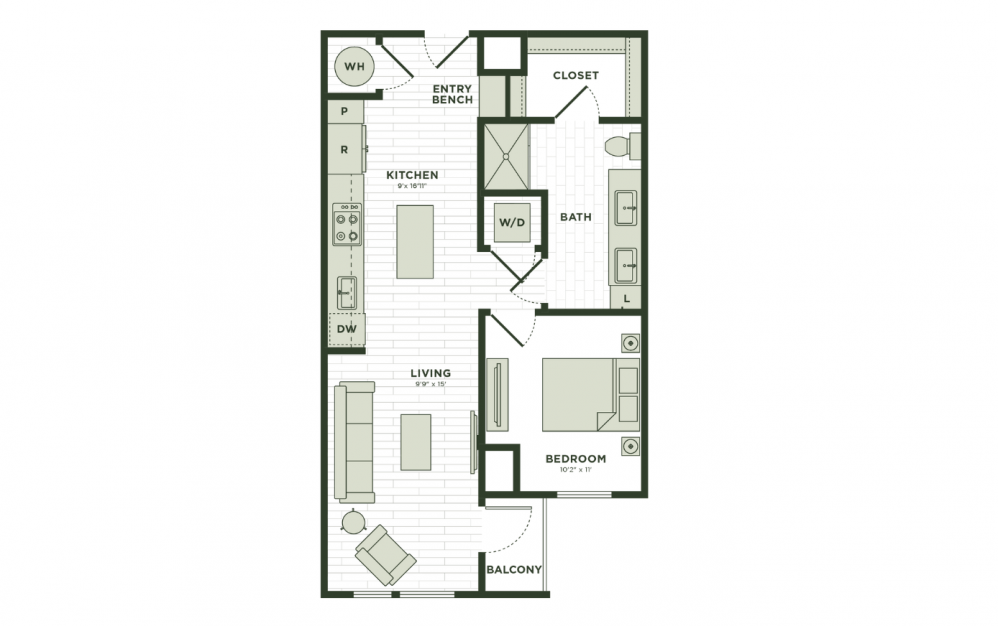 A3 - 1 bedroom floor plan layout with 1 bathroom and 703 square feet