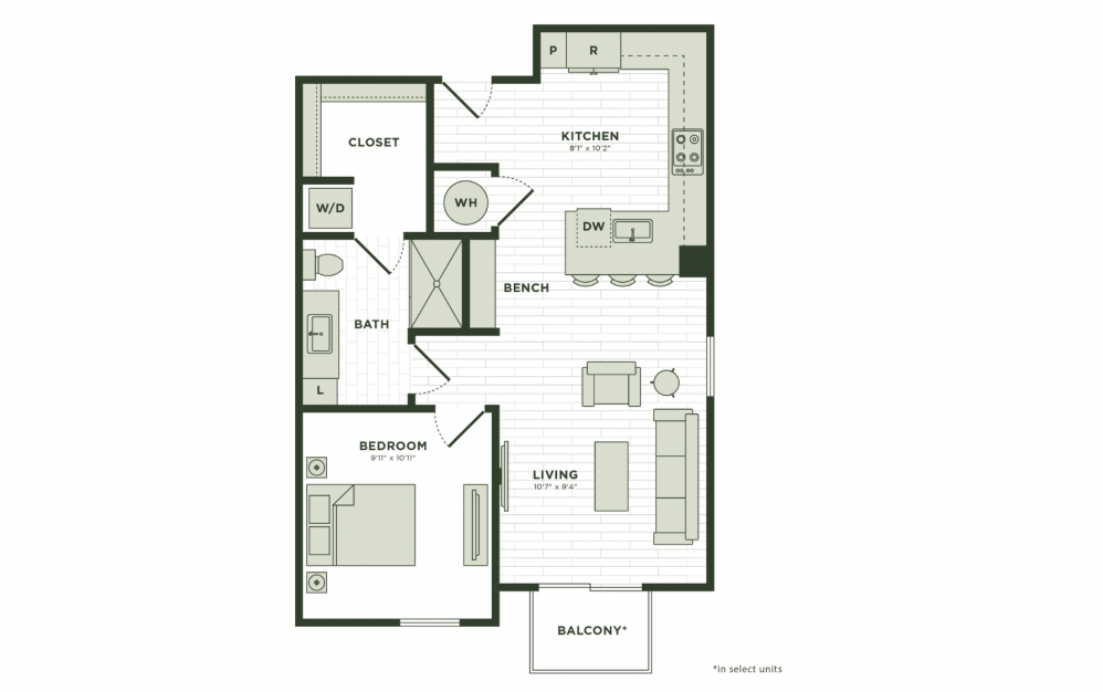 A9 - 1 bedroom floor plan layout with 1 bathroom and 785 square feet