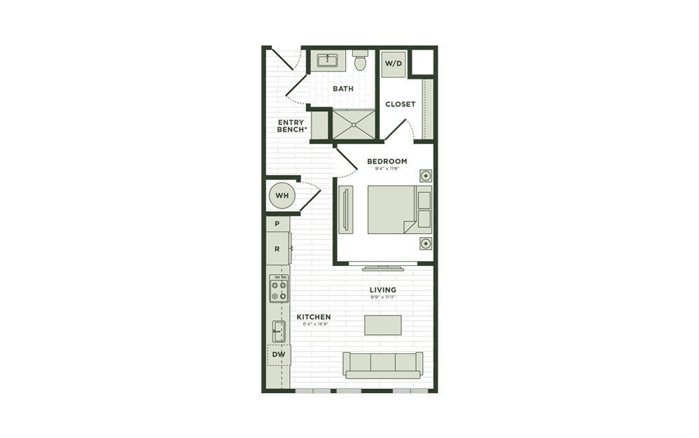A1 - 1 bedroom floor plan layout with 1 bathroom and 578 square feet