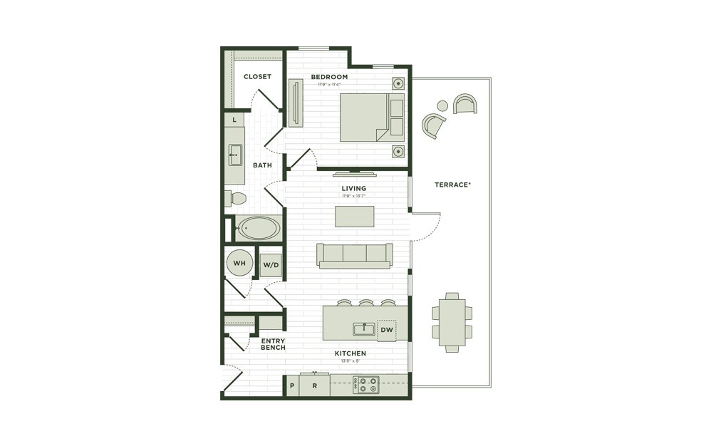 A2 - 1 bedroom floor plan layout with 1 bathroom and 614 square feet