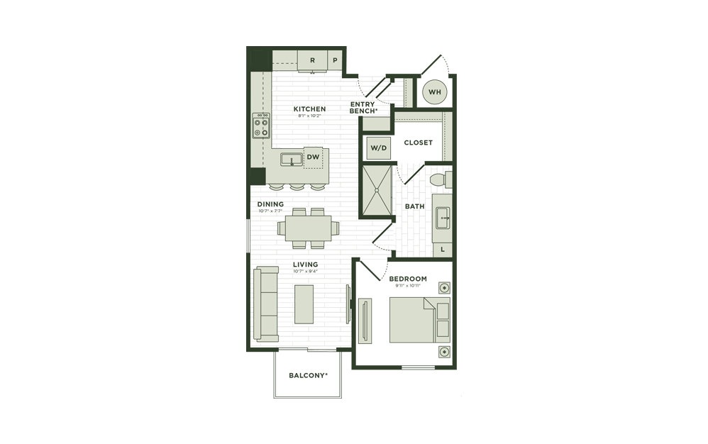 A5 - 1 bedroom floor plan layout with 1 bathroom and 691 square feet