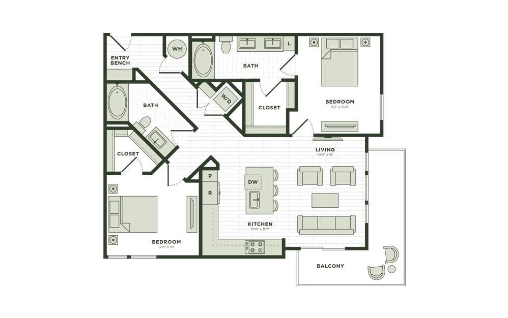 B1 - 2 bedroom floor plan layout with 2 bathrooms and 1111 square feet