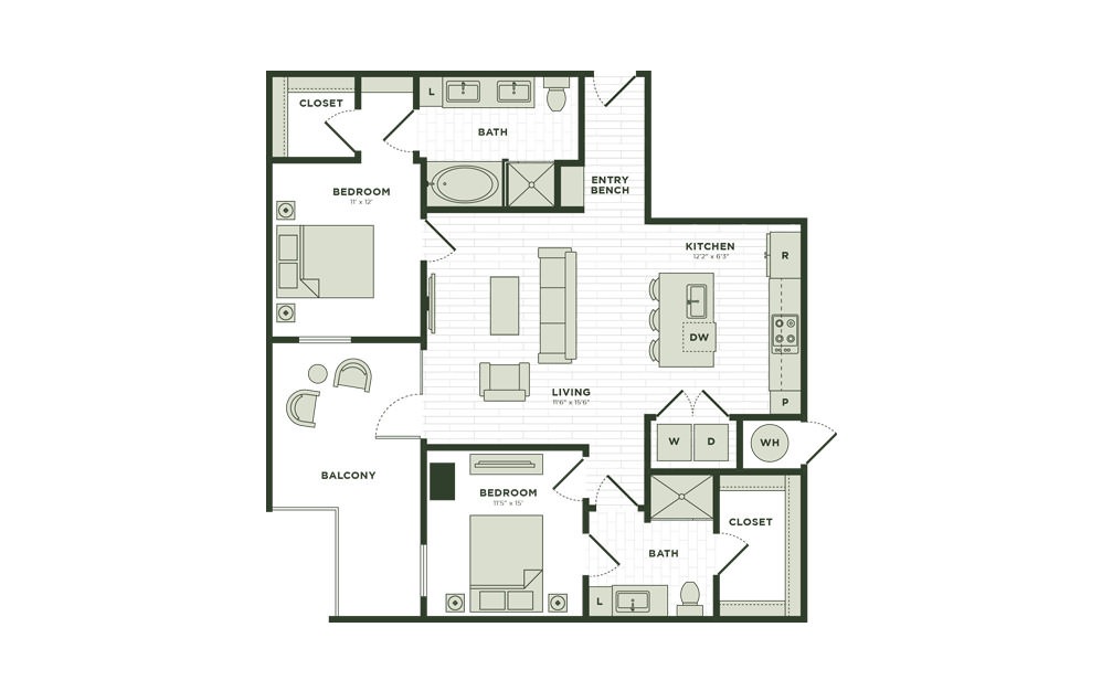 B2a3aff - 2 bedroom floor plan layout with 2 bathrooms and 1120 square feet