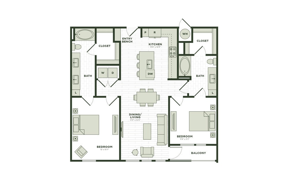 B3 - 2 bedroom floor plan layout with 2 bathrooms and 1219 square feet
