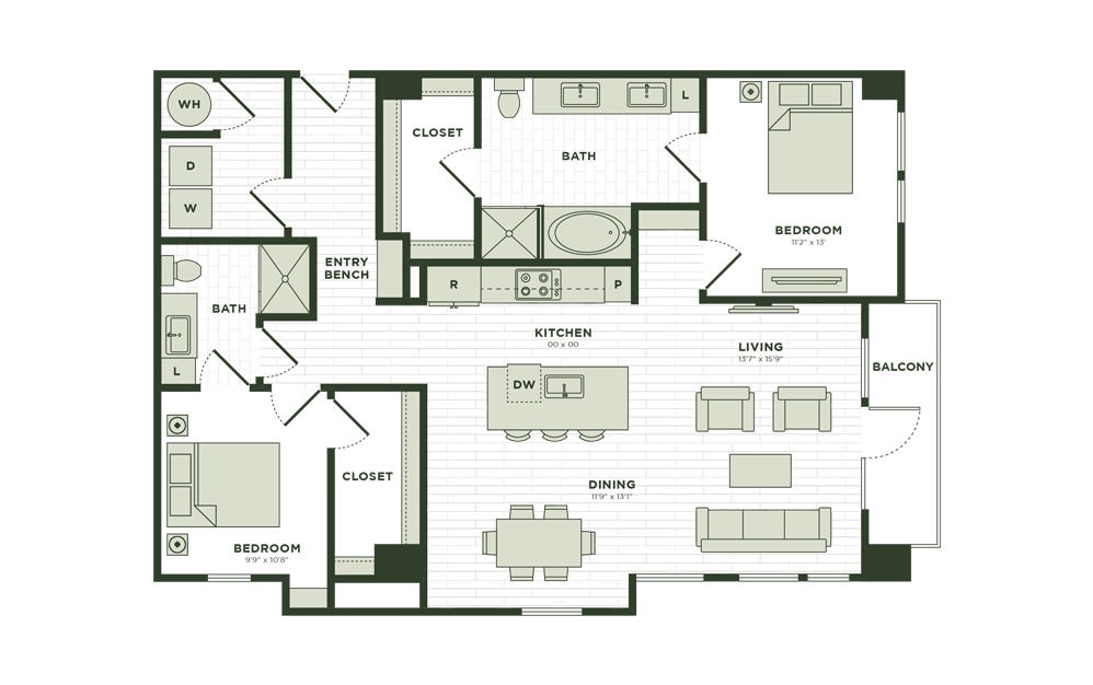 B5 - 2 bedroom floor plan layout with 2 bathrooms and 1330 square feet