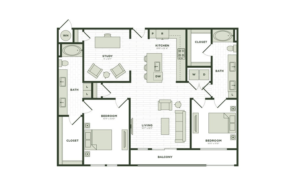 B6 - 2 bedroom floor plan layout with 2 bathrooms and 1400 square feet