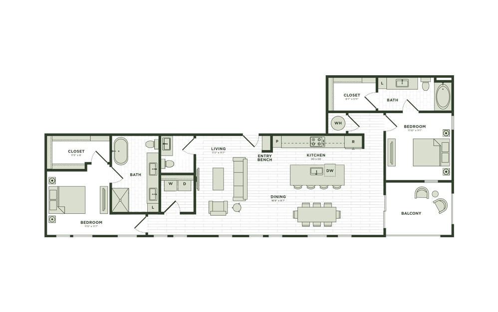 B7 - 2 bedroom floor plan layout with 2.5 bathrooms and 1516 square feet
